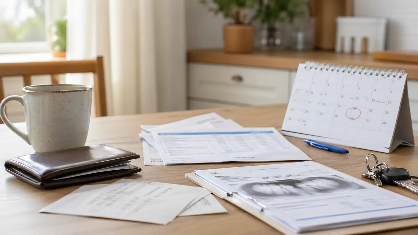 Peňaženka, účty, kalendár a dokumenty na stole jako symbol obdobia, když člověk čeká na definitivní řešení a řeší náklady.