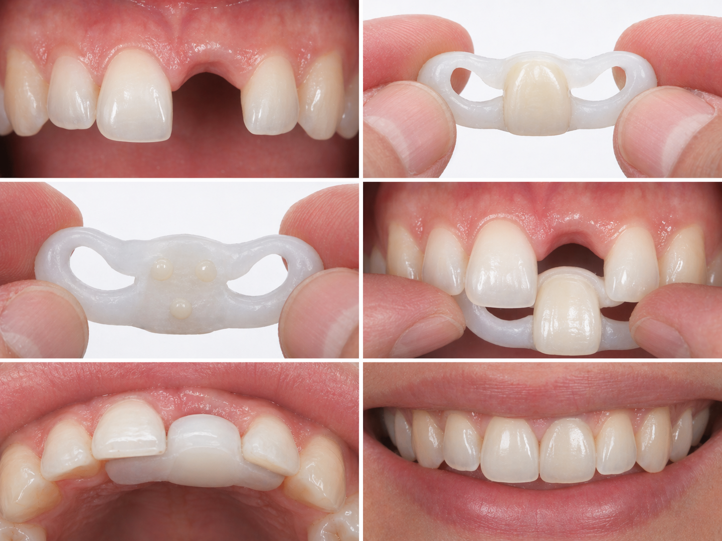 Fotografické vysvětlení principu náhrady jednoho předního zubu s přidanou Coregou