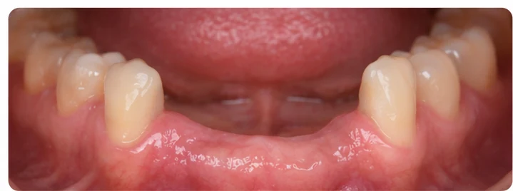 Vizuální postup pro tři sousední zuby v dolním oblúku — princip vloženia Denticor můstku s novými zuby a jeho dotvarovania o okolní zuby