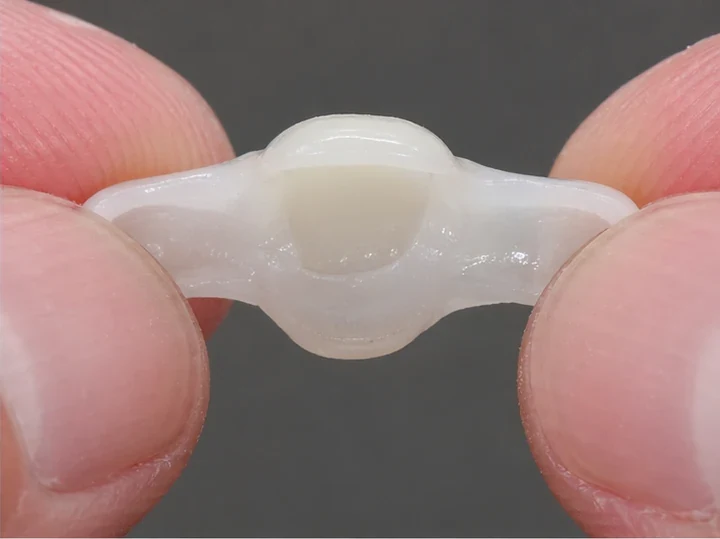 DentiFlex můstek s korunkou držaný v prstoch ze zadní strany — vidno boční výbežky, které obejmou sousední zuby