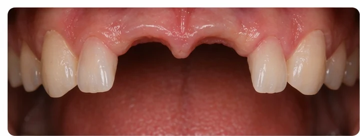 Vizuální postup pro dva sousední horní přední zuby — princip vloženia Denticor můstku s novými zuby a jeho dotvarovania o okolní zuby