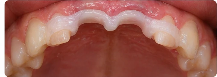 Vizuální postup pro dva sousední horní přední zuby — princip vloženia Denticor můstku s novými zuby a jeho dotvarovania o okolní zuby