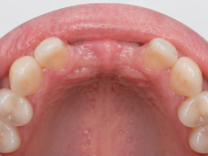 Denticor pro horní dva střední rezáky — pohled zezadu od podnebia: tvar můstku a dosadnuty za novými zuby