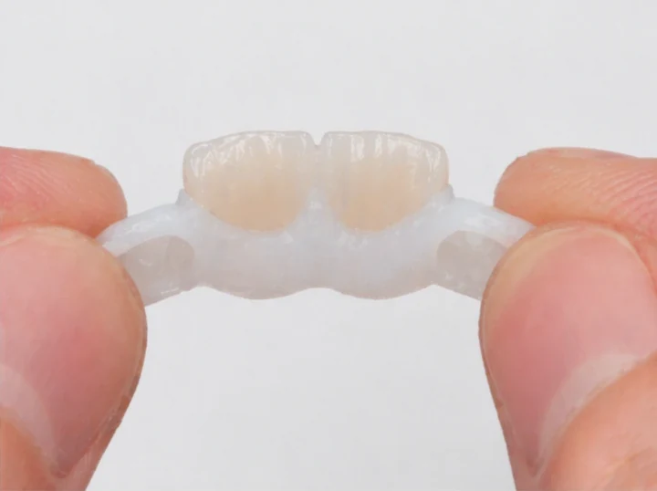 Denticor pro horní dva střední rezáky — pohled zezadu od podnebia: tvar můstku a dosadnuty za novými zuby