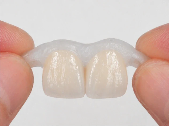 Denticor pro horní dva střední rezáky — pohled zepředu: mezera, připravená náhrada, vloženie a výsledek