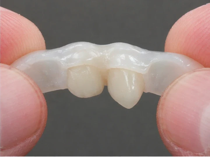 Denticor náhrada pro horní boční rezák a oční zub — pohled zezadu od podnebia, jako můstek obopína okolní zuby