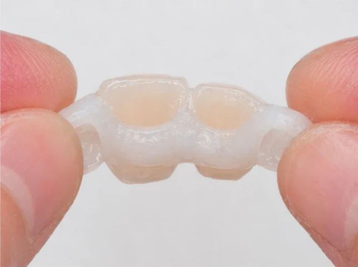 Denticor pro horní stredný a boční rezák — pohled zezadu od podnebia: tvar můstku a dosadnuty za novými zuby