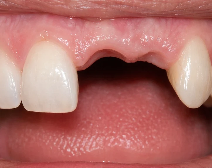 Denticor pro horní stredný a boční rezák — pohled zepředu: mezera, připravená náhrada, vloženie a výsledek