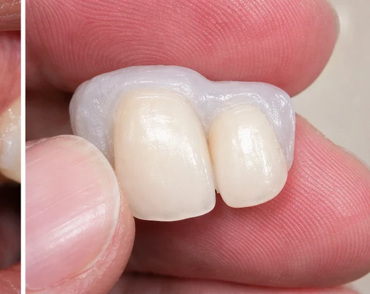 Denticor pro horní stredný a boční rezák — pohled zepředu: mezera, připravená náhrada, vloženie a výsledek