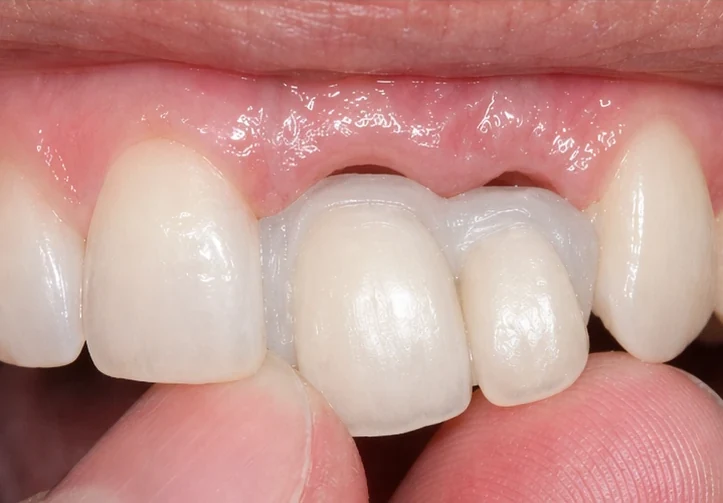 Denticor pro horní stredný a boční rezák — pohled zepředu: mezera, připravená náhrada, vloženie a výsledek