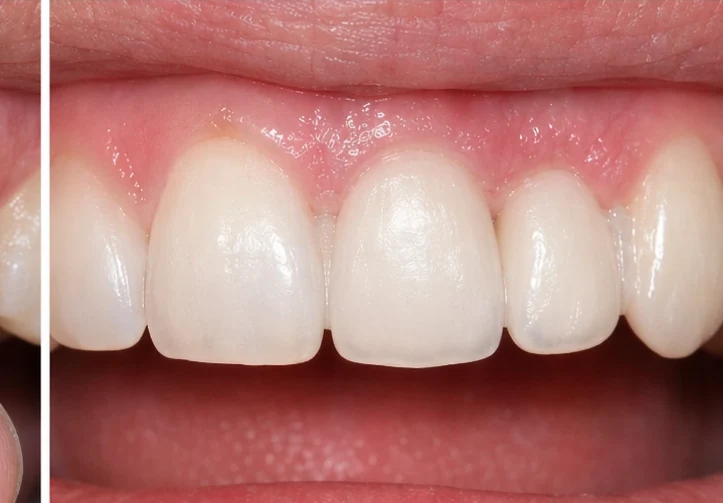 Denticor pro horní stredný a boční rezák — pohled zepředu: mezera, připravená náhrada, vloženie a výsledek