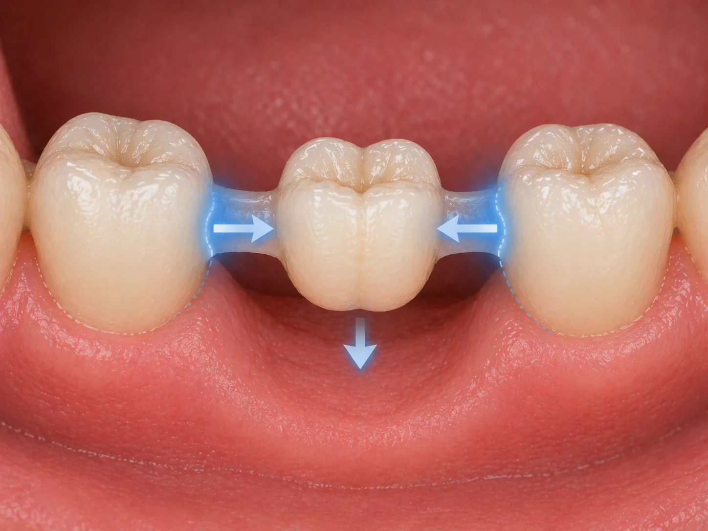 Mechanické uchytenie zubní náhrady — DentiFlex můstek se po přitlačení k sousedním zubem zaklíní do bočních nerovností