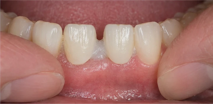 Vizuální postup vloženia a dotvarovania náhrady — dolní rezák a oční zub